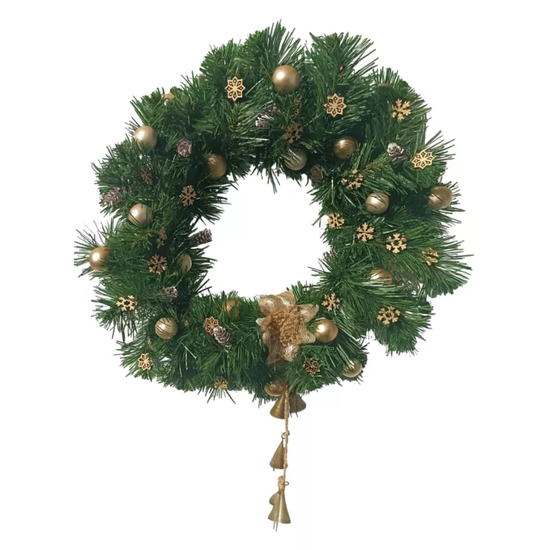 Wieniec bożonarodzeniowy 45 cm na drzwi – złoty, z dzwonkami, szyszki, rękodzieło