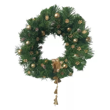 Wieniec bożonarodzeniowy 45 cm na drzwi – złoty, z dzwonkami, szyszki, rękodzieło