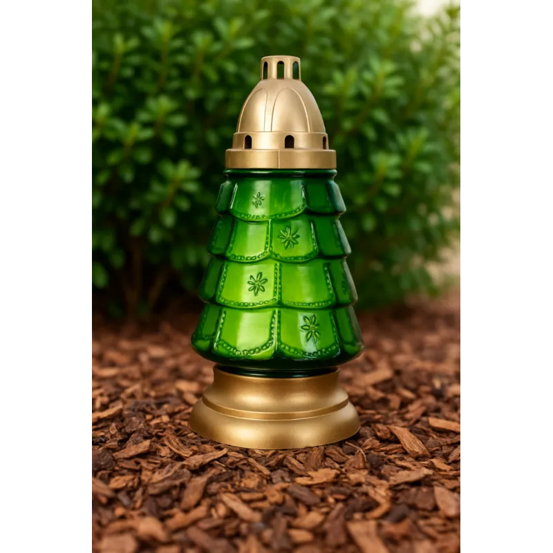Znicz Boże Narodzenie Choinka Szklany Zielony Lampion Złoty 25cm + wkład