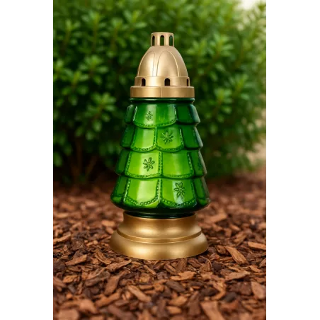 Znicz Boże Narodzenie Choinka Szklany Zielony Lampion Złoty 25cm + wkład