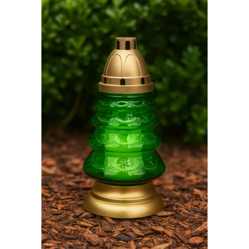 Znicz Boże Narodzenie Choinka Szklany Zielony Lampion Złoty 25cm + wkład