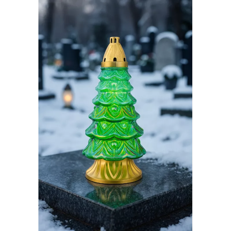 Znicz Szklany Choinka 39 cm Zielony Złoty z wkładem