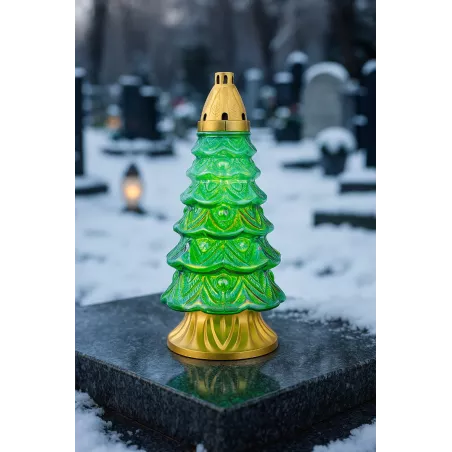 Znicz Szklany Choinka 39 cm Zielony Złoty z wkładem