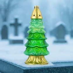 Znicz Szklany Choinka 39 cm Zielony Złoty z wkładem