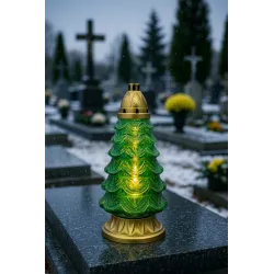 Znicz Szklany Choinka 39 cm Zielony Złoty z wkładem