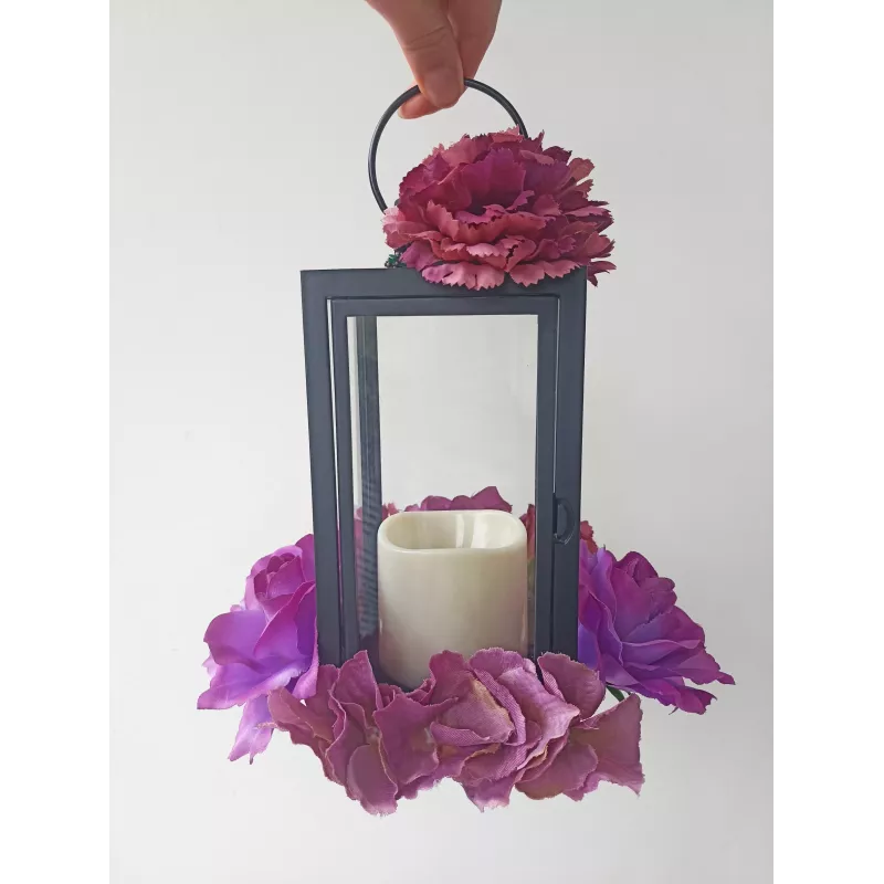 LAMPION LATARENKA DEKORACYJNA ZNICZ LED ZE ŚWIECĄ 21CM KWIATY NA GRÓB