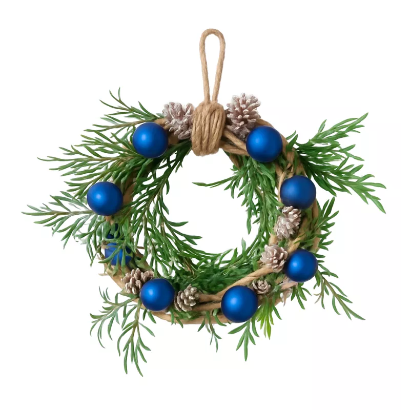 Bożonarodzeniowy Wieniec Na Drzwi Z Szyszkami I Niebieskimi Bombkami