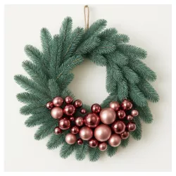 Bożonarodzeniowy wieniec na drzwi z różowymi bombkami rose gold DUŻY