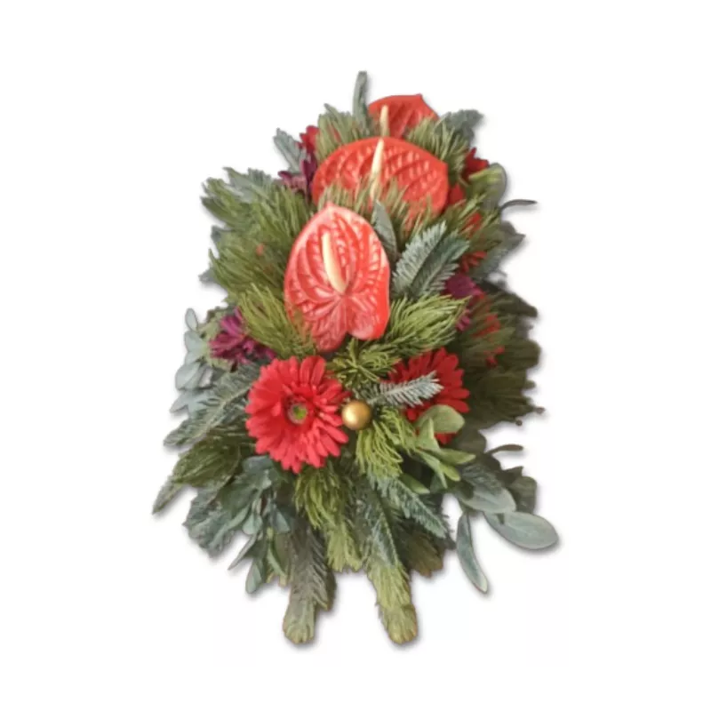 Elegancki stroik bożonarodzeniowy na grób z gerberami i anturium