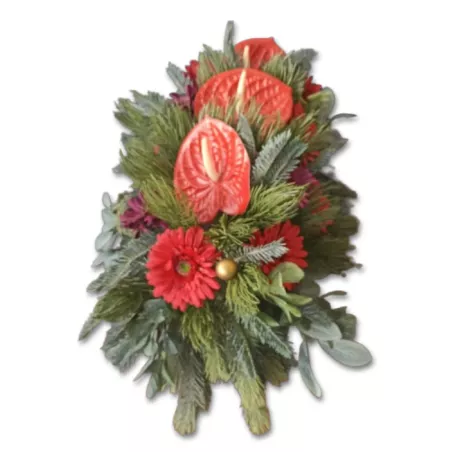 Elegancki stroik bożonarodzeniowy na grób z gerberami i anturium