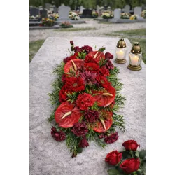 Wiązanka Nagrobna z Anturium i Gerberami | Głęboka Czerwień | dł. 65cm