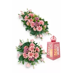 Różowy Komplet Walentynowy Nagrobny Na Cmentarz + Lampion LED