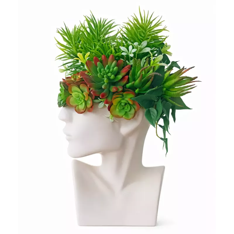 Designerski wazon w kształcie głowy z kompozycją sztucznych sukulentów