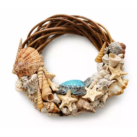 Ręcznie robiony wianek wieniec dekoracyjny z muszelkami i żółtwiem