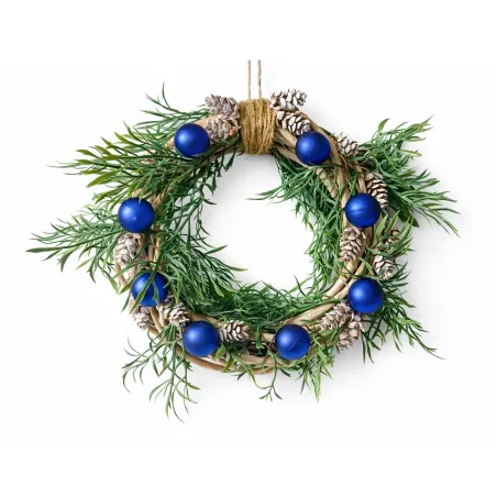 Bożonarodzeniowy Wieniec Na Drzwi Z Szyszkami I Niebieskimi Bombkami