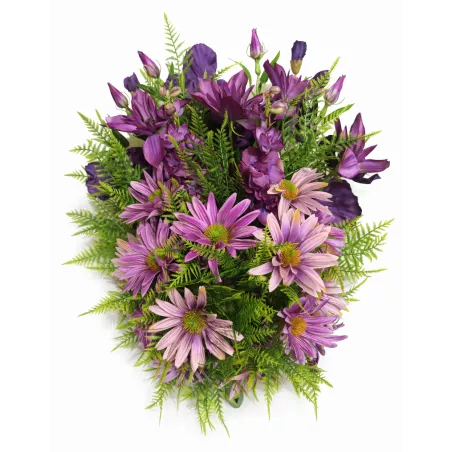 Fioletowa wiązanka pogrzebowa z paprotkami