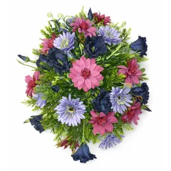 Elegancka wiązanka pogrzebowa w odcieniach burgundu, fioletu i granatu