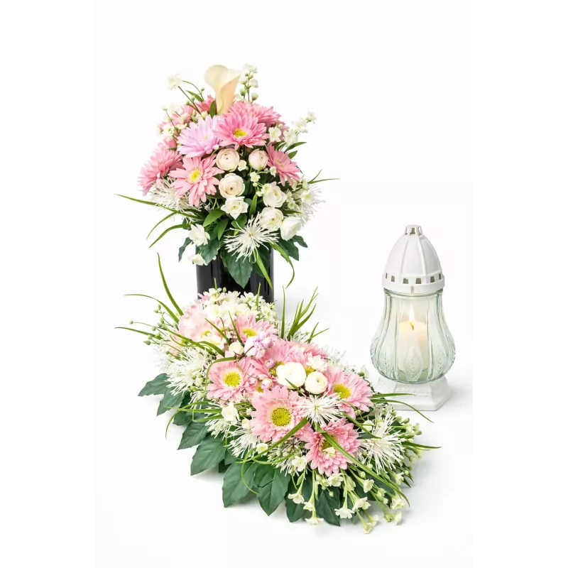 Komplet nagrobny na Wszystkich Świętych – wiązanka + bukiet + szklany znicz