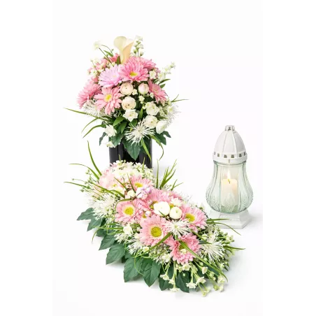 Komplet nagrobny na Wszystkich Świętych – wiązanka + bukiet + szklany znicz