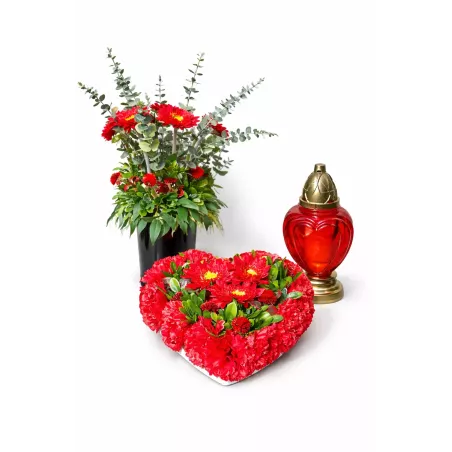 Stroik serce i bukiet do wazonu czerwony – komplet 3-częściowy PREMIUM na cmentarz