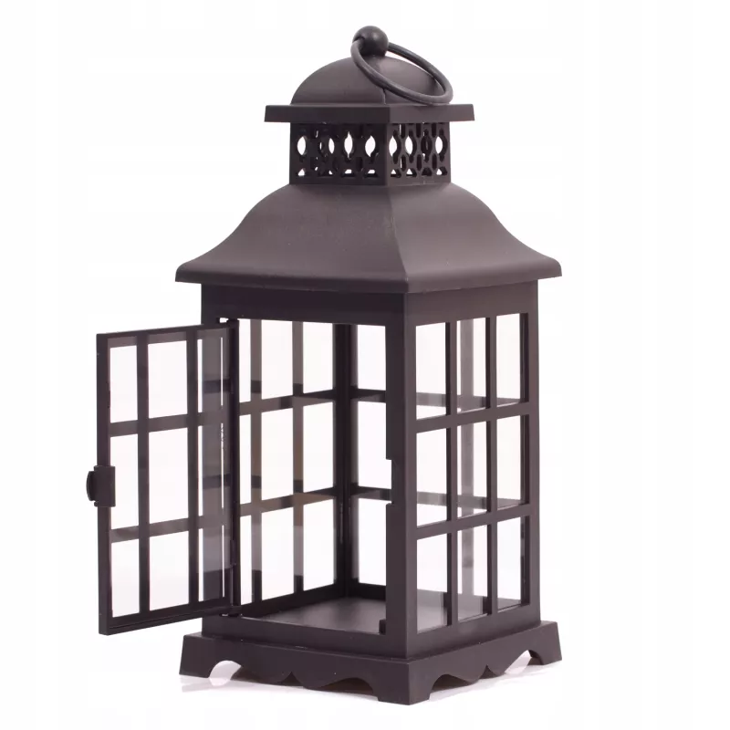 Lampion ogrodowy czarny w kratkę, latarenka świece 25 cm