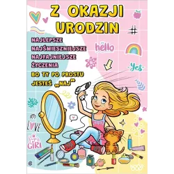 Kartka urodzinowa z życzeniami i kopertą kobieta z kosmetykami