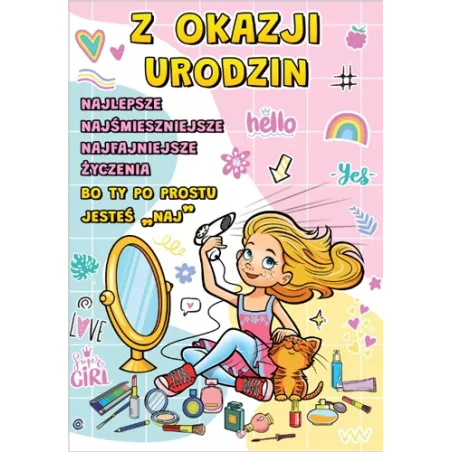Kartka urodzinowa z życzeniami i kopertą kobieta z kosmetykami